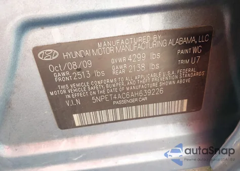 2010 Hyundai Sonata Gls from USA, damaged, VIN 5NPET4AC6AH639226